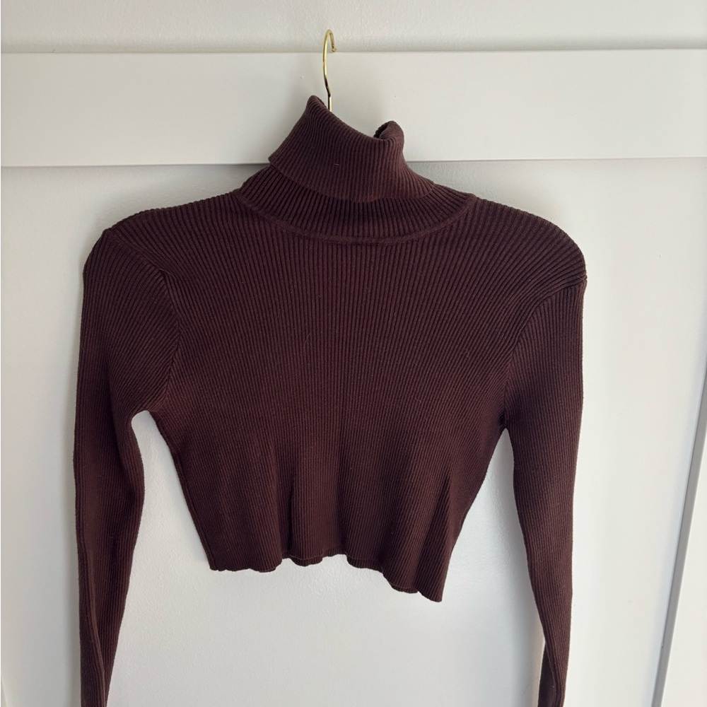 Elegant Brown Crop Turtleneck Top